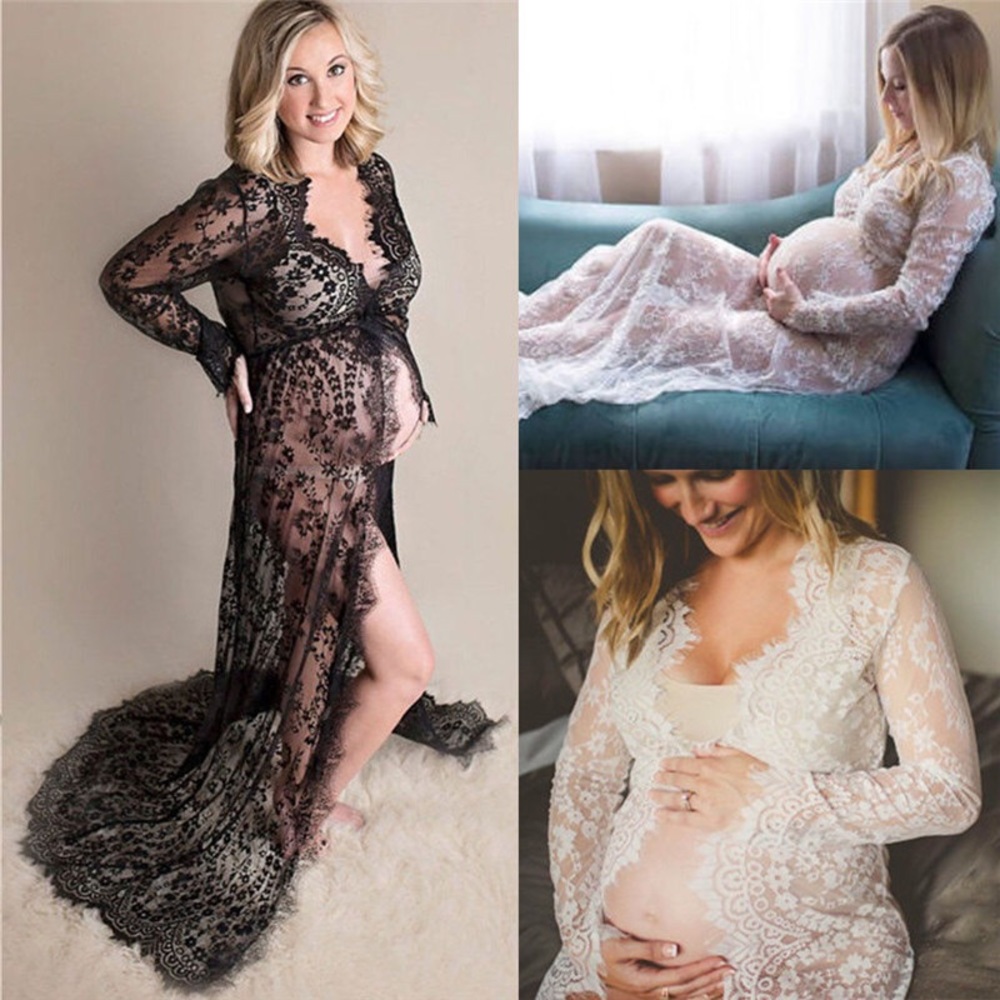 Gorgeous Eyelash Lace Long Maxi Maternity Gown Black